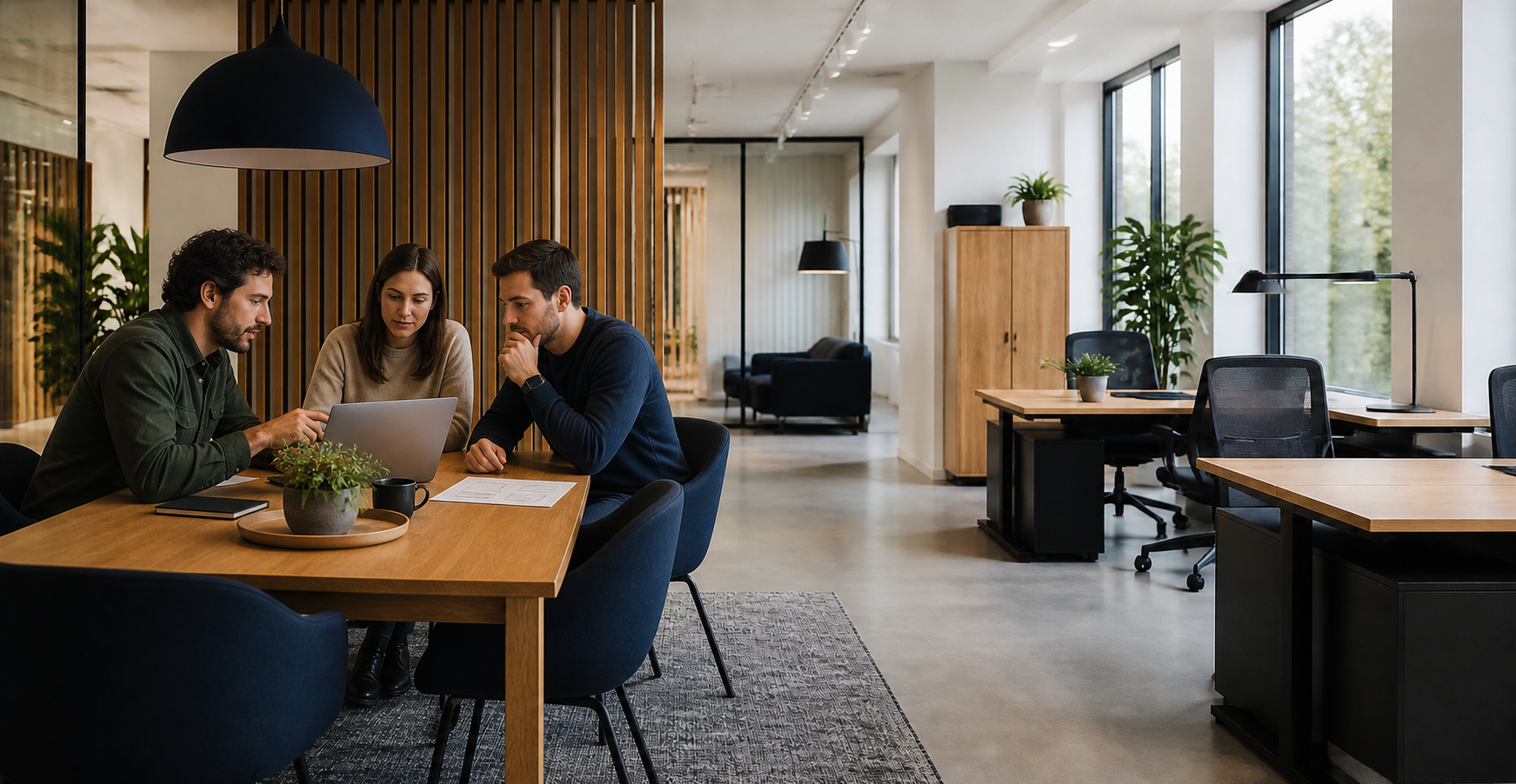 Three colleagues collaborating around a laptop in a modern office space